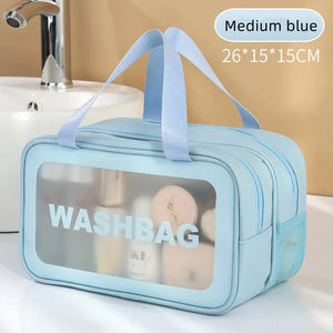 Bolsa de maquiagem dupla transparente PU com separação seca-molhada, bolsa de lavagem portátil, bolsa de armazenamento de cosméticos, essenciais para viagens, fitness e natação.