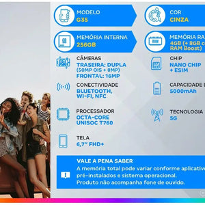 Smartphone Motorola Moto G35 256GB Cinza 5G 12GB RAM 5G 6,7 "Câmera. Dual + 16MP Selfie