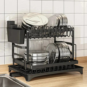 Prateleira de Secagem de Louça Grande Premium com 2 Camadas e Bandeja de Drenagem para Cozinha