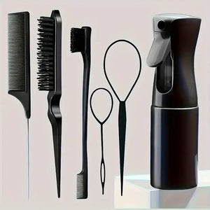 Conjunto de 6 peças de escovas de cabelo, frasco de spray para cabeleireiro, laço para tranças, pente de cauda de rato, escova de desfiar cabelo, escova de controle de bordas.