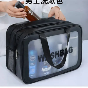 Bolsa de maquiagem dupla transparente PU com separação seca-molhada, bolsa de lavagem portátil, bolsa de armazenamento de cosméticos, essenciais para viagens, fitness e natação.