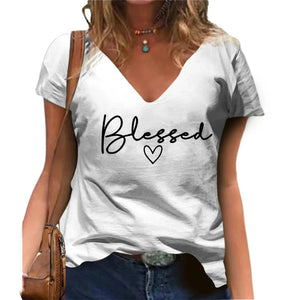 Camiseta V-neck estampada Blessed, casual, de manga curta, Moda Feminina Streetwear, Oversized V-Neck
