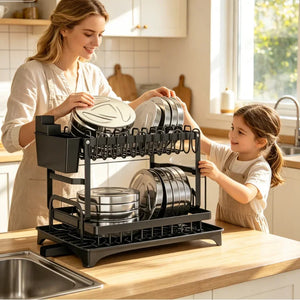 Prateleira de Secagem de Louça Grande Premium com 2 Camadas e Bandeja de Drenagem para Cozinha