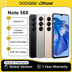 Telefone Móvel DOOGEE Note56 X Corpo Slim de 8,45mm Tela de 6,56" 90Hz Android 16 Bateria de 6150mAh Reconhecimento de Cena com IA Smartphone