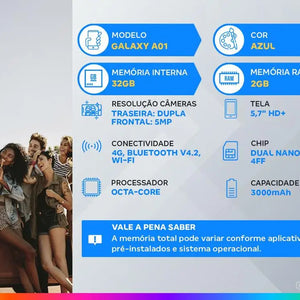 Smartphone Samsung Galaxy A01 32GB Octa-Core Azul-2GB RAM Tela 5,7 ”Câmera. Double + Camera. 5MP selfie