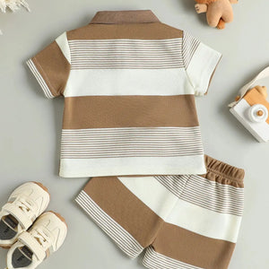 Conjunto de Verão para Crianças: Camiseta Curta Listrada com Estampa de Urso de Pelúcia e Calças Curtas para Meninos, Conjunto Casual Esportivo de Duas Peças