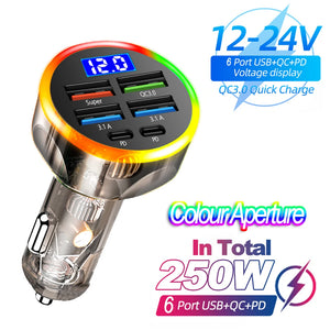 Carregador de Carro PD 66-250W QC3.0 Carregamento Rápido de Um a Seis Plugue de Isqueiro de Carro Carregador de Carro Carregamento Rápido com Display Digital