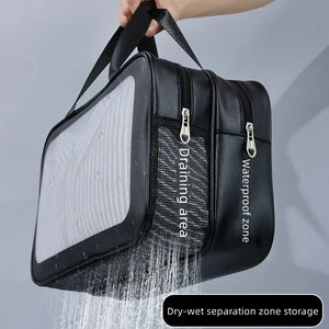 Bolsa de maquiagem dupla transparente PU com separação seca-molhada, bolsa de lavagem portátil, bolsa de armazenamento de cosméticos, essenciais para viagens, fitness e natação.