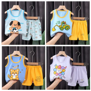Conjunto de Roupas para Crianças 2PCS Coleção de Verão Camisetas de Algodão Calças Curtas Sem Mangas para Meninos e Meninas Roupas para Bebês