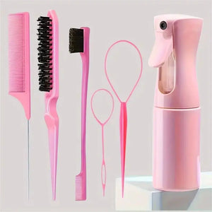 Conjunto de 6 peças de escovas de cabelo, frasco de spray para cabeleireiro, laço para tranças, pente de cauda de rato, escova de desfiar cabelo, escova de controle de bordas.