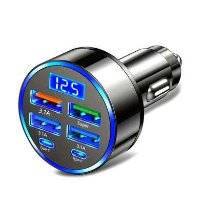 Adaptador de Carro 6 em 1 com Carregamento Rápido 3.1A Duplo Tipo-C com Display Digital para Smartphones, Tablets, Power Banks, Carregador Portátil Preto