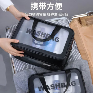 Bolsa de maquiagem dupla transparente PU com separação seca-molhada, bolsa de lavagem portátil, bolsa de armazenamento de cosméticos, essenciais para viagens, fitness e natação.