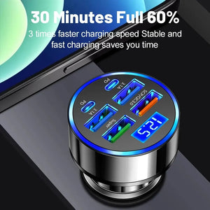 Carregador de Carro PD 66-250W QC3.0 Carregamento Rápido de Um a Seis Plugue de Isqueiro de Carro Carregador de Carro Carregamento Rápido com Display Digital