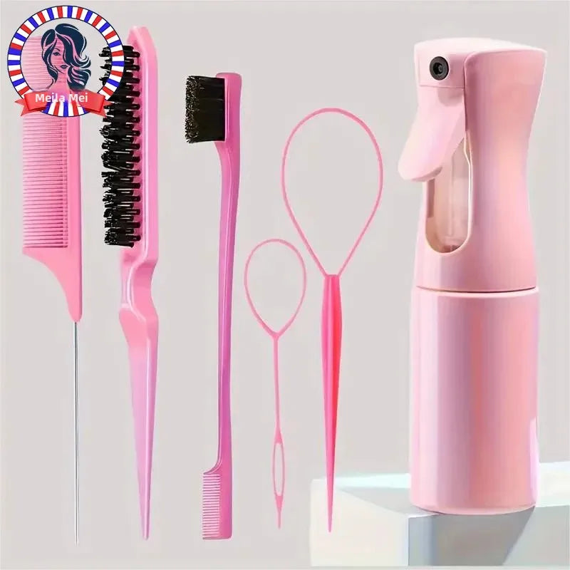 Conjunto de 6 peças de escovas de cabelo, frasco de spray para cabeleireiro, laço para tranças, pente de cauda de rato, escova de desfiar cabelo, escova de controle de bordas.