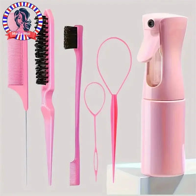 Conjunto de 6 peças de escovas de cabelo, frasco de spray para cabeleireiro, laço para tranças, pente de cauda de rato, escova de desfiar cabelo, escova de controle de bordas.