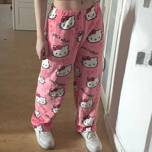 Calças de Pijama Y2K Hello Kitty Sanrio Anime Calças de Pijama Femininas Casal de Desenho Animado Roupas de Dormir para Casa Calças de Lazer Roupas para Casa