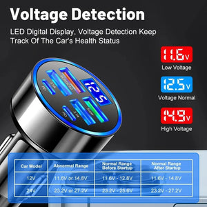 Carregador de Carro PD 66-250W QC3.0 Carregamento Rápido de Um a Seis Plugue de Isqueiro de Carro Carregador de Carro Carregamento Rápido com Display Digital