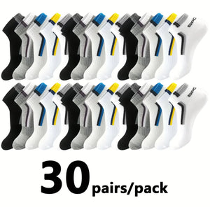 30 Pares de Meias Masculinas Meia de Malha Respirável Curta Casual Meias de Esporte com Bloco de Cores Meias Esportivas Absorvem Suor Tornozelo