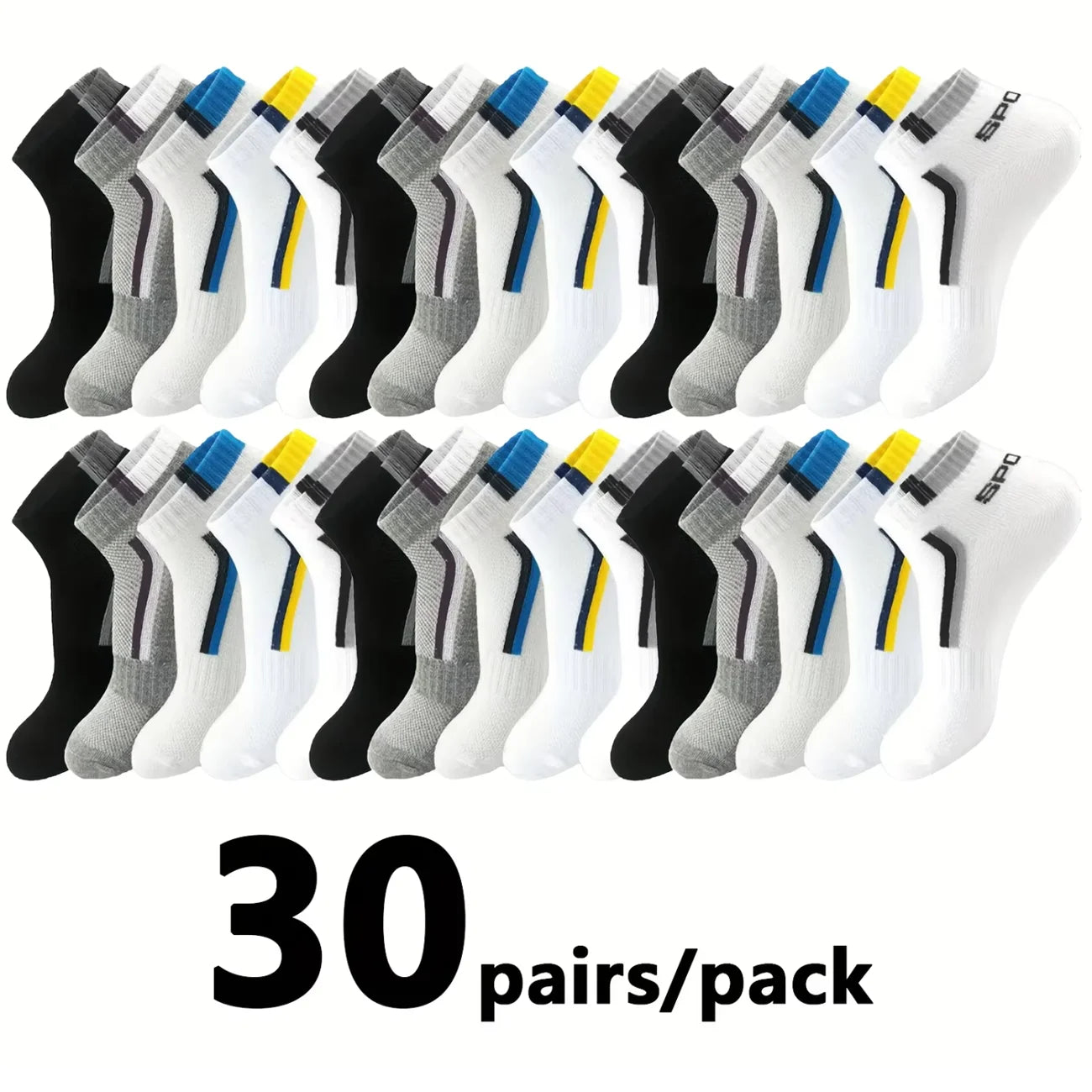 30 Pares de Meias Masculinas Meia de Malha Respirável Curta Casual Meias de Esporte com Bloco de Cores Meias Esportivas Absorvem Suor Tornozelo