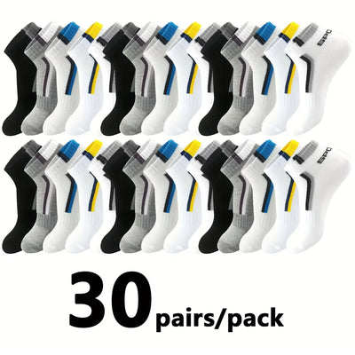 30 Pares de Meias Masculinas Meia de Malha Respirável Curta Casual Meias de Esporte com Bloco de Cores Meias Esportivas Absorvem Suor Tornozelo