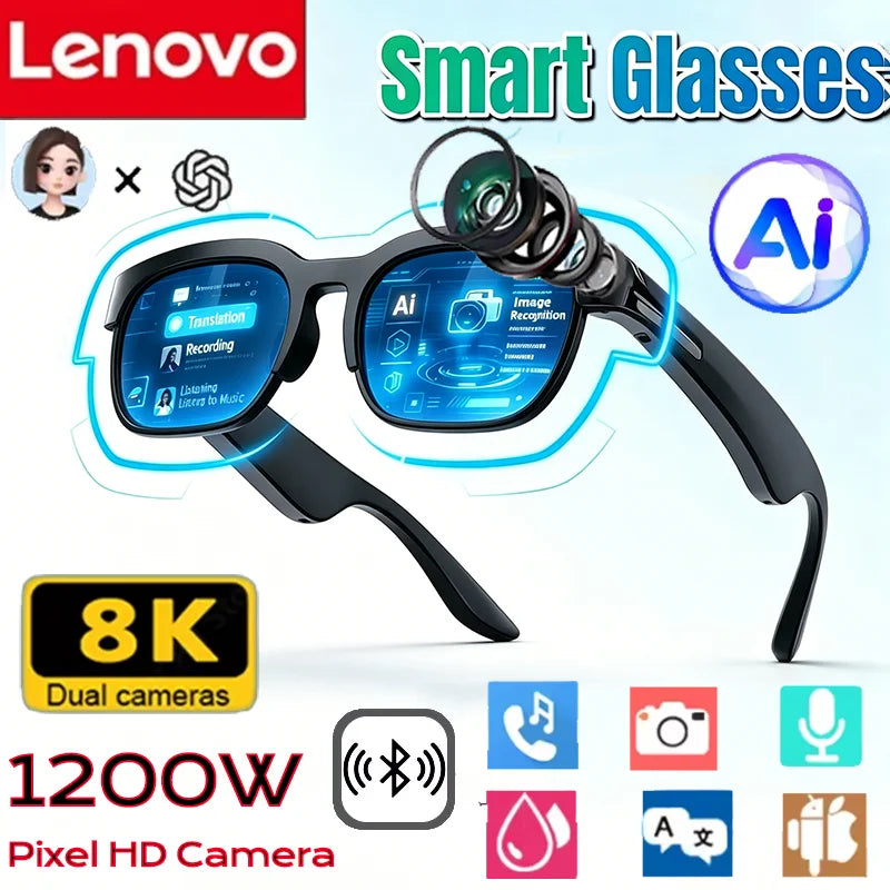 Lenovo Óculos Inteligentes 2026 Novos Óculos Inteligentes com Tradução AI, Bluetooth, Gravação de Conversas, Escuta de Música para Homens e Mulheres