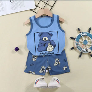 Conjunto de Roupas para Crianças 2PCS Coleção de Verão Camisetas de Algodão Calças Curtas Sem Mangas para Meninos e Meninas Roupas para Bebês