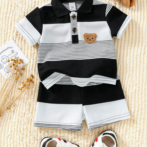 Conjunto de Verão para Crianças: Camiseta Curta Listrada com Estampa de Urso de Pelúcia e Calças Curtas para Meninos, Conjunto Casual Esportivo de Duas Peças