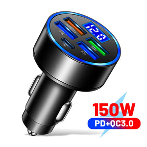 Carregador de Carro PD 66-250W QC3.0 Carregamento Rápido de Um a Seis Plugue de Isqueiro de Carro Carregador de Carro Carregamento Rápido com Display Digital