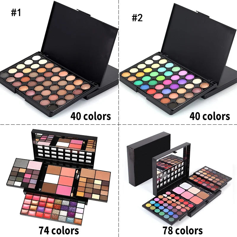 Paleta de Sombras Glitter 40/74/78 Cores Matte à Prova d'Água Longa Duração Pó Compacto Kit de Cosméticos Ferramentas de Maquiagem para Mulheres Fashion