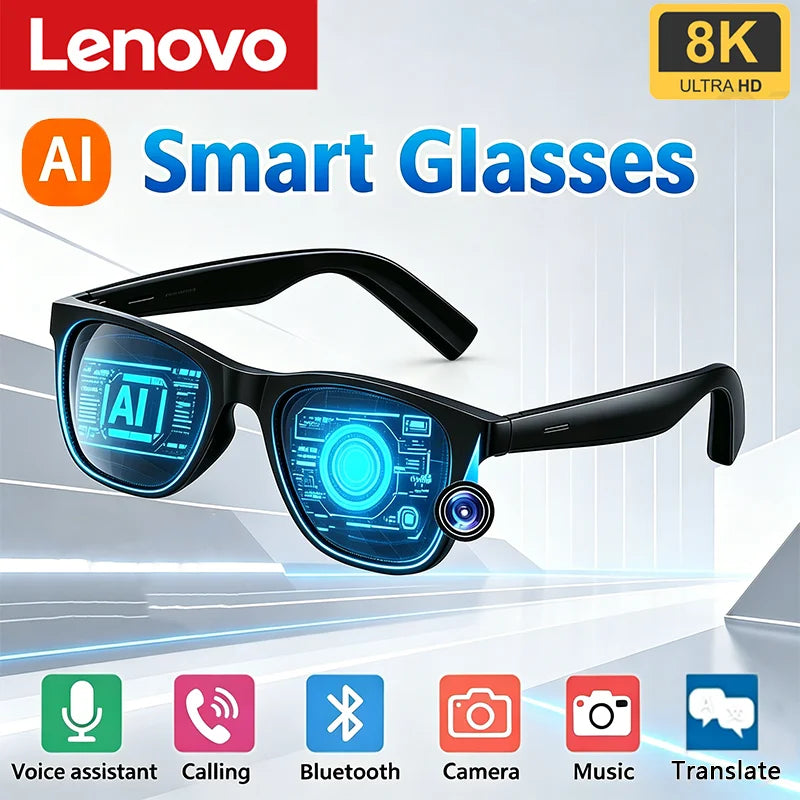Lenovo AI Controle Remoto Toque Óculos Inteligentes 8K HD Câmera Fotográfica Gravação Tradutor Assistente de Voz Música Bluetooth Óculos de Sol