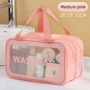 Bolsa de maquiagem dupla transparente PU com separação seca-molhada, bolsa de lavagem portátil, bolsa de armazenamento de cosméticos, essenciais para viagens, fitness e natação.